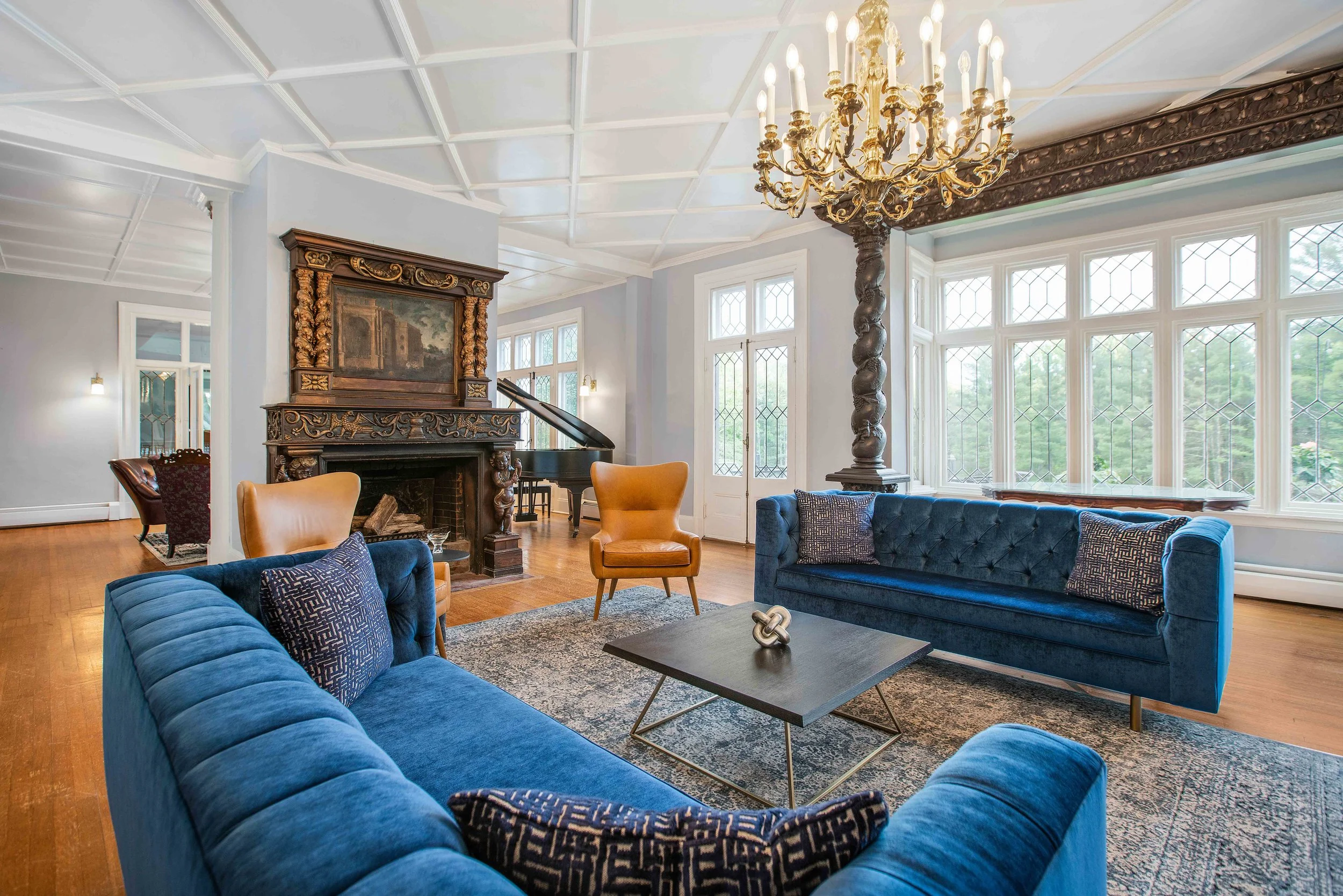 Hotel lounge with chandelier and editorial styling