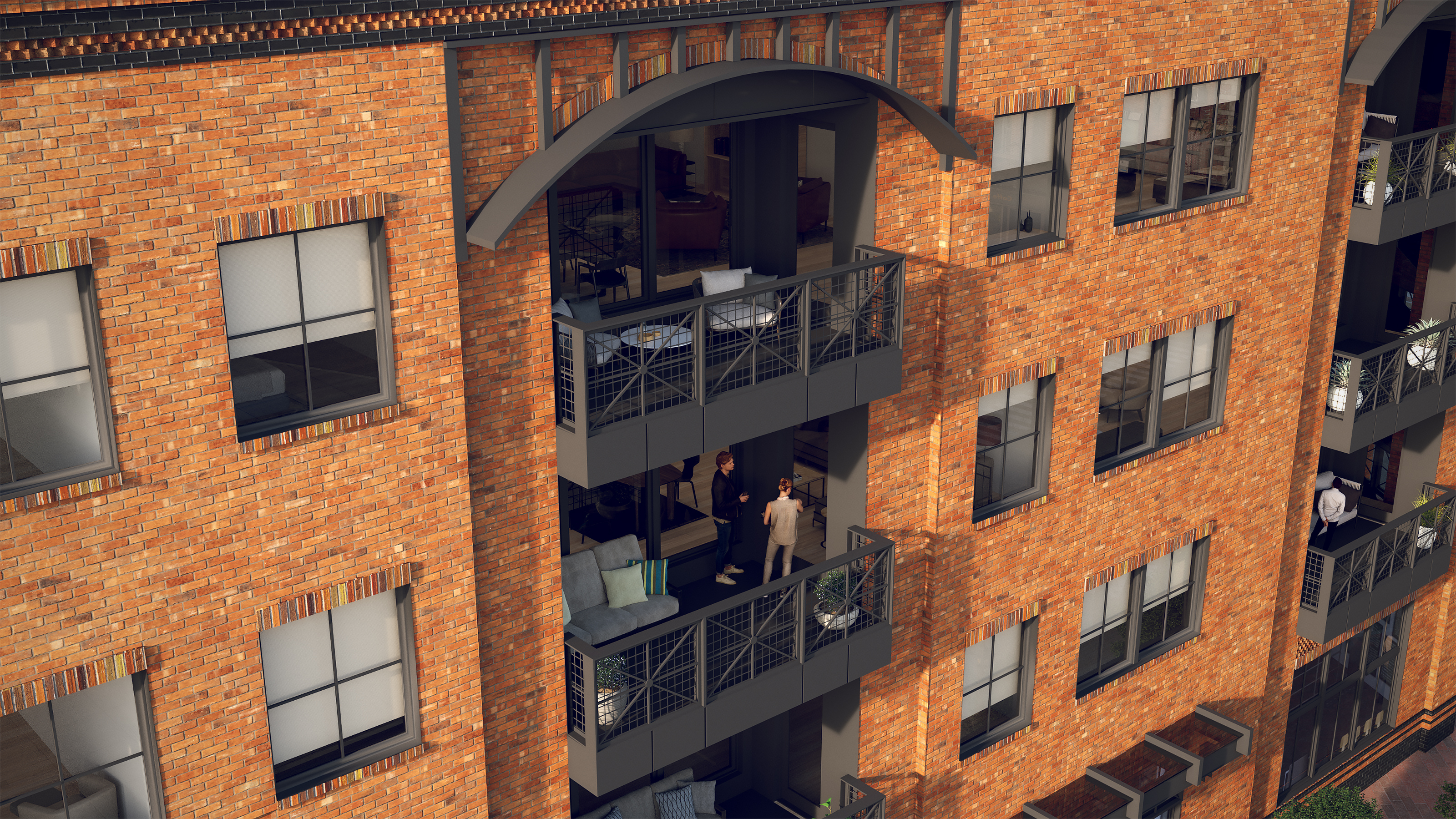 Mixed-use development · Portsmouth — Balcony detail, occupied scene